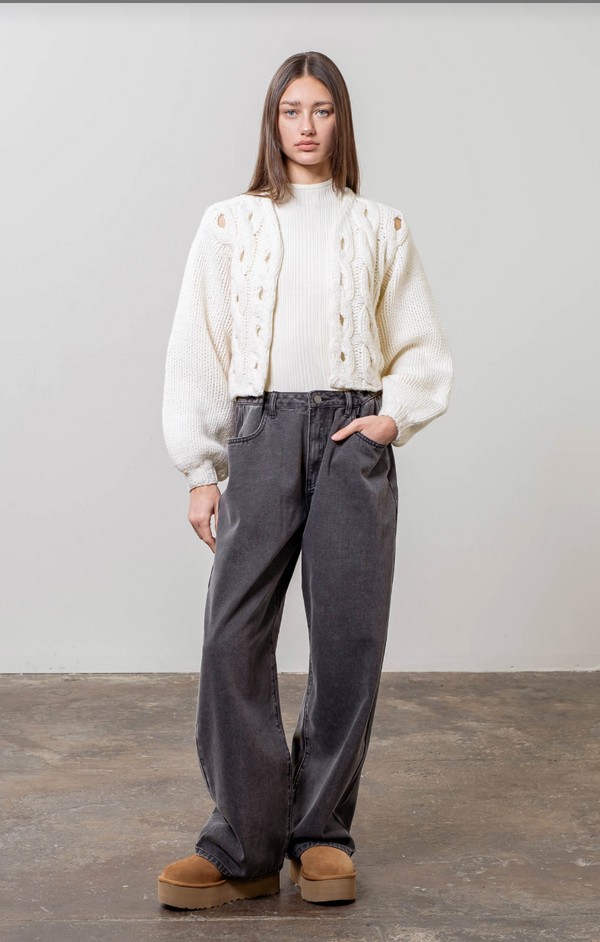 Puff Sleeve Cable Knit Cardigan