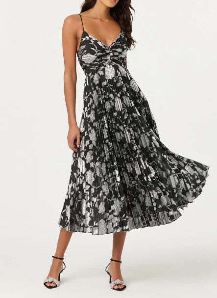 Saoirse Metallic Pleated Midi Dress