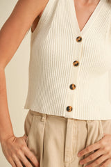 Buttondown Ribbed V-Neck Knitted Top