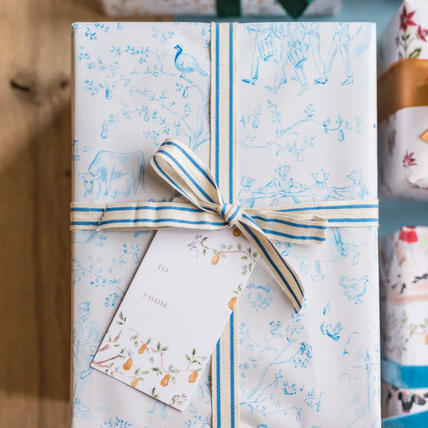Christmas Toile Wrapping Paper Sheets - Blue
