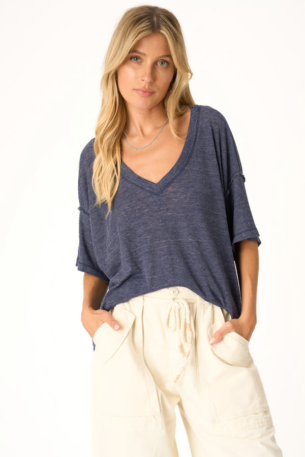 Oh Girl Raw V Neck Textured Tee