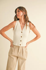 Buttondown Ribbed V-Neck Knitted Top