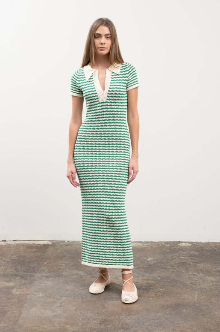 Collar Striped Knit Midi Dress
