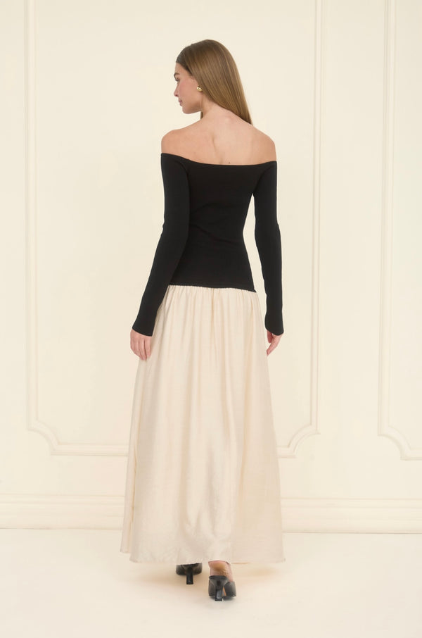 OFF-SHOULDER SWEATER MIX MEDIA MIDI DRESS