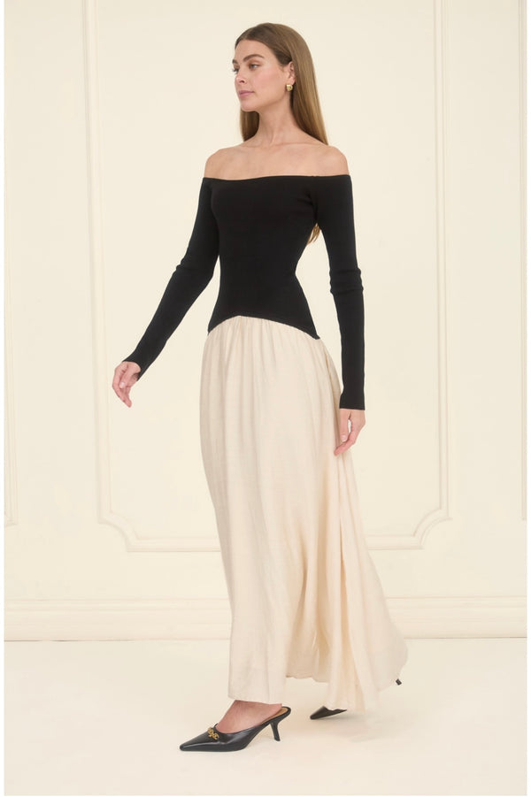 OFF-SHOULDER SWEATER MIX MEDIA MIDI DRESS