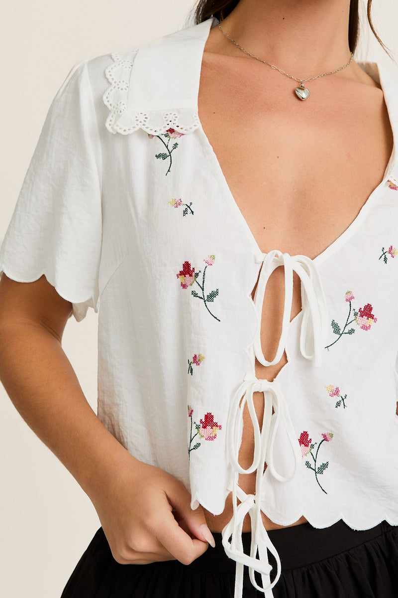 Embroidered Tie Front Top