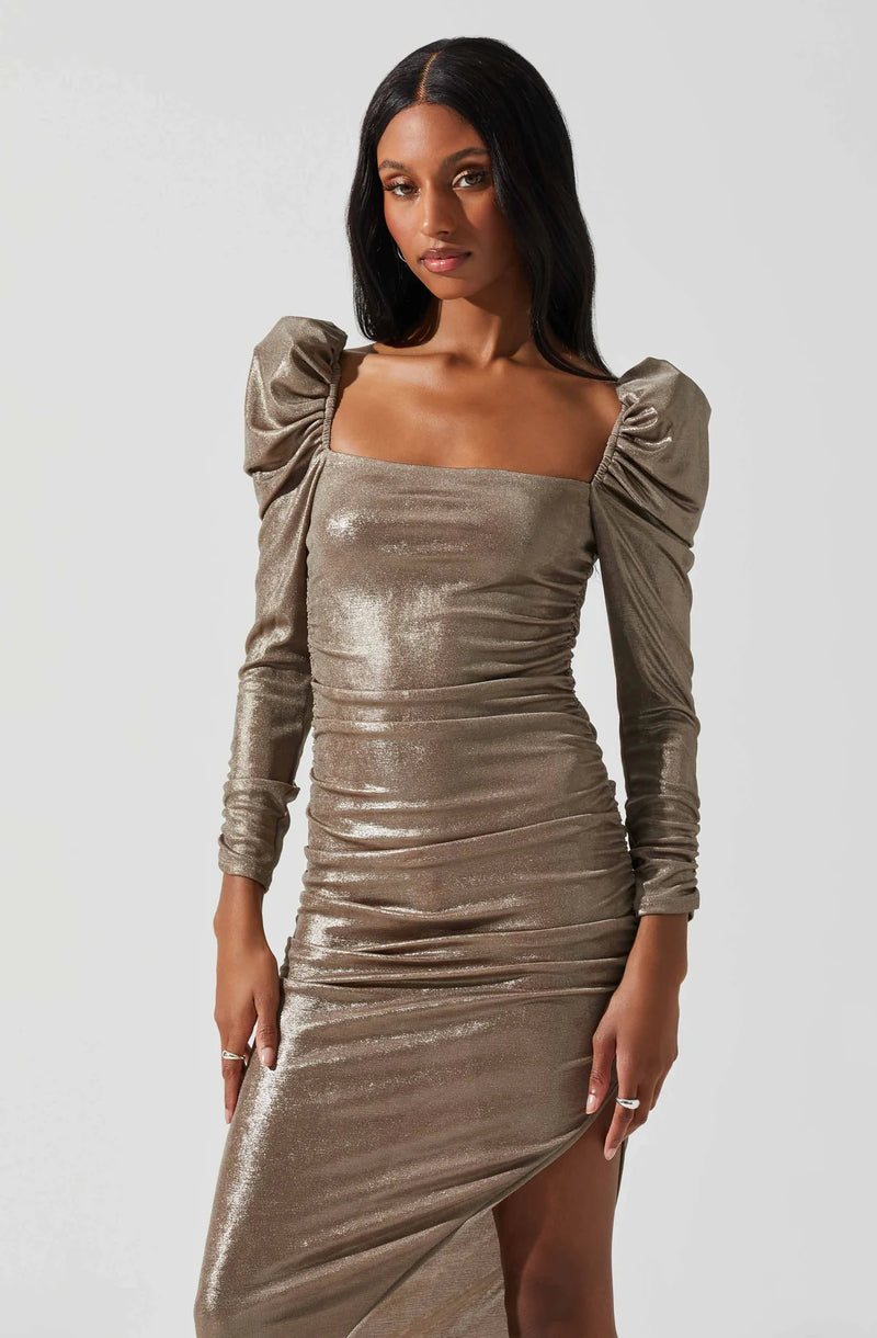 long sleeve metallic midi dress Plus Size Tie Waist Lurex Deep V-Neck, Oaklyn Midi Dress in Gold, Size 3X, For GNO/Date Night Or Holiday Party