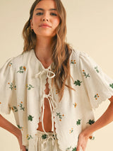 Floral Embroidery Tied Front Top