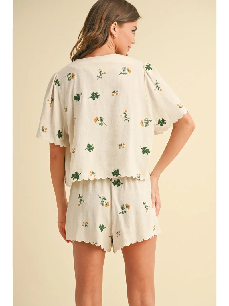 Floral Embroidery Tied Front Top