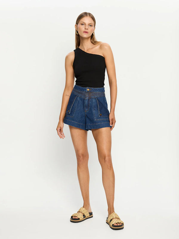 Tallulah One Shoulder Rib Tank - Black