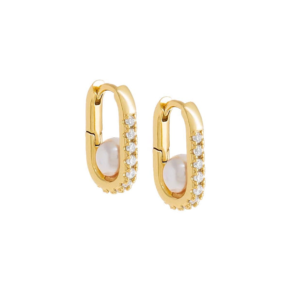 Pave Oval X Pearl Huggie Earring